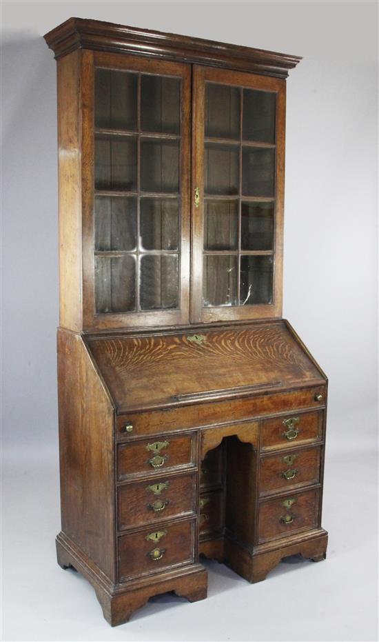 A George I oak kneehole bureau bookcase, W.3ft 4in.